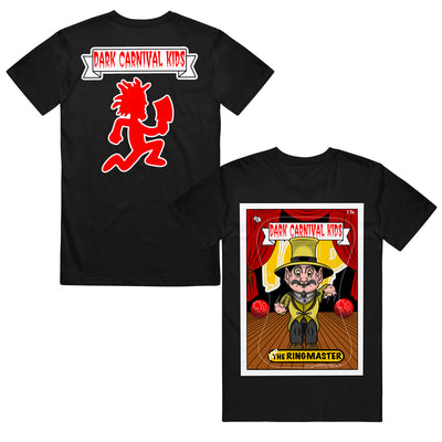 image of the front anc back of a black tee shirt on a white background. front is a play on a garbage pail kids card for the ringmaster album. back says dark carnival kids with a red hatchetman logo
