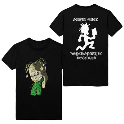 image of the front and back of a black tee shirt on a white background. front is on the left and has a face that is vomiting. the back has a white print of the hatchetman logo. above the logo says ouija macc, and below says psychopathic records