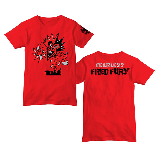 image of the front and back of a red tee shirt on a white background. front is on the left and has a center print of a spikey headed ghost clown above a house with his fist out and holding a crow bar. the back has top center print that says fearless fred fury