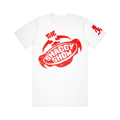 image of a white tee shirt on a white background. tee has center chest print in red of shaggy's face and mouth open and says the shaggy show. red hatchetman logo on the right sleeve