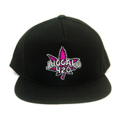 image of a black snapback hat on a white background. front embroidery of a purple pot leaf with white text over that says juggalo 420