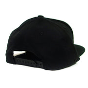 image of the back of a black snapback hat on a white background