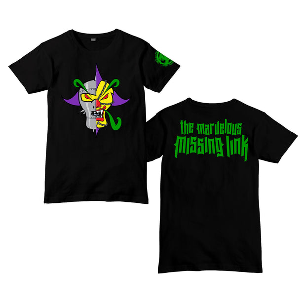 image of the front and back of a black tee shirt on a white background. front is on the left and has a half face in an iron mask and one evil clown. the back has green print across the shoulders that says the marvelous missing link