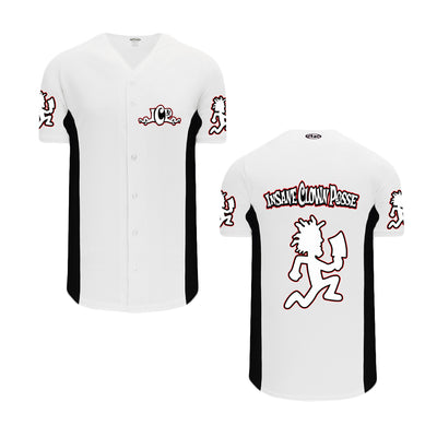 image of the front and back of Yum Yum ICP Logo White - Baseball Jersey. the front is on the left and has a small right chest patch that says I C P. two patches of the hatchetman logo on each sleeve. back says insane clown posse across the shoulders and a white hatchetman below