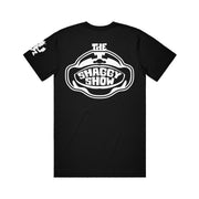 image of the back of a black tee shirt on a white background. back says the shaggy show. white hatchetman logo on the sleeve