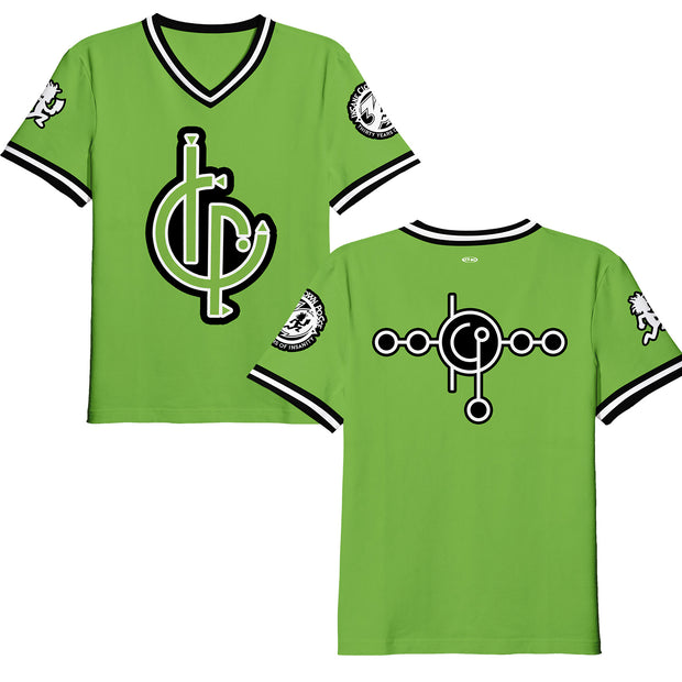 image of the front and back of the The Calm Green - Baseball Jersey. front is on the left and has a full body logo, and back is on the right and has a logo across the shoulders