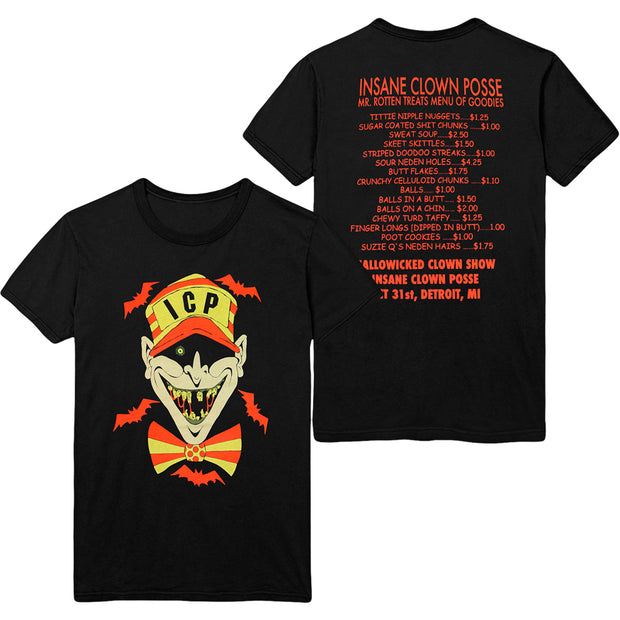 image of the front and back of a black tee shirt on a white background. front is on the left and has a creepy face with rotten teeth with a hat that has the letters I C P and a bowtie. the back is on the right and has full print of the I C P hallowicked show with a menu of gross stuff