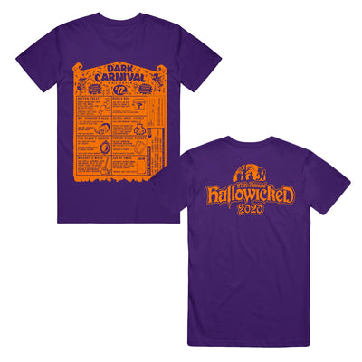 image of the front and back of a purple tee shirt on a white background. front on the left has full body print in orange of a vintage dark carnival ad. the back on the right has top center print that sats 27th annual hallowicked 2020