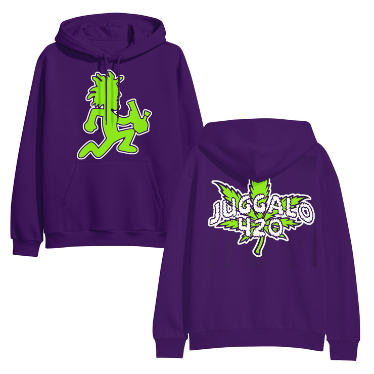 image of the front and back of a purple pullover hoodie on a white background. front is on the left and has a center chest print in green of the hatchetman logo holding a bong. back is on the right and has a back print of a green pot leaf and the words juggalo 420 in white