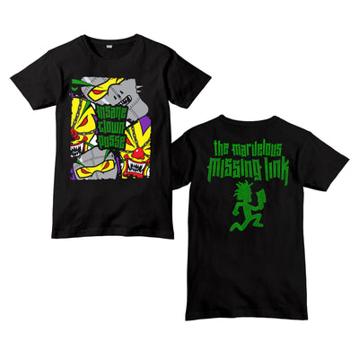 image of the front and back of a black tee shirt on a white background. front is on the left and has insane clown posse in green print in the center with three faces in iron masks around it, the back is on the right and has green print that says The Marvelous Missing Link with a hatchetman