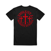image of the back of a black tee shirt on a white background. back of tee has three red crosses. around the crosses says violent j bloody sunday