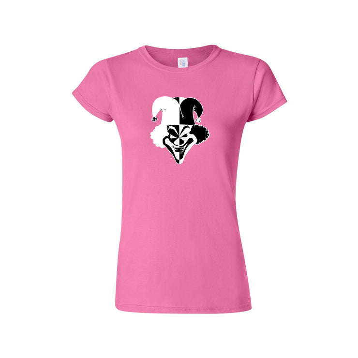 image of a ladies pink tee shirt on a white background. front has small center print in black and white of a joker clown face