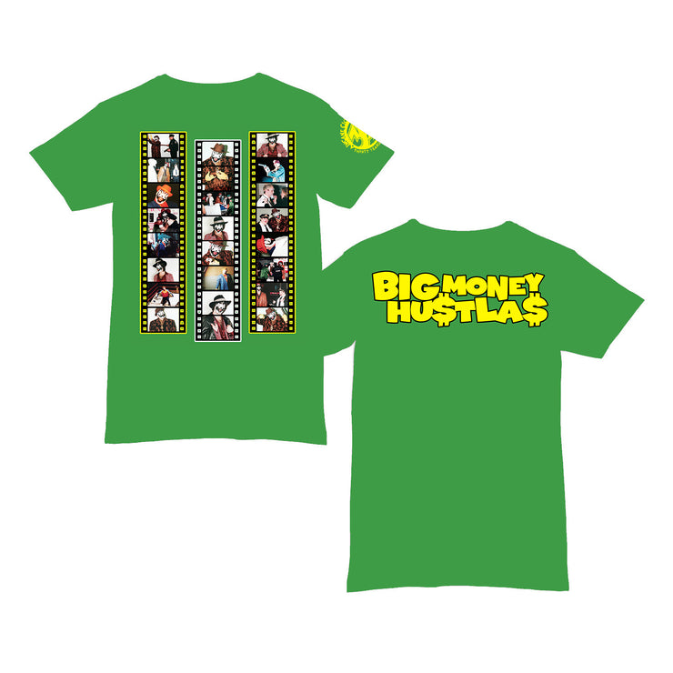 image of the front and back of a green tee shirt on a white background. front on the left has three color film strips of the band members for I C P, the back has top yellow print that says big money hustlas