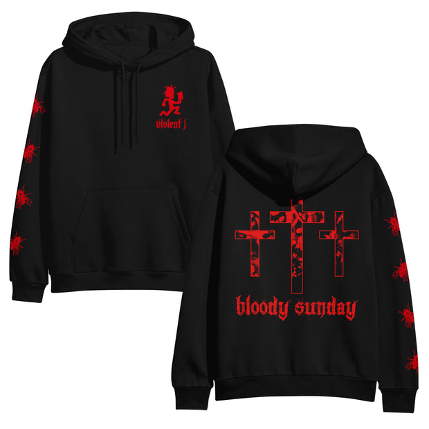 image of the front and back of a black pullover hoodie on a white background. front has a small right chest print in red of the hatchetman logo and also says violent J. left sleeve has red bugs. back is on the right and has full print of three red crosses and says bloody sunday.