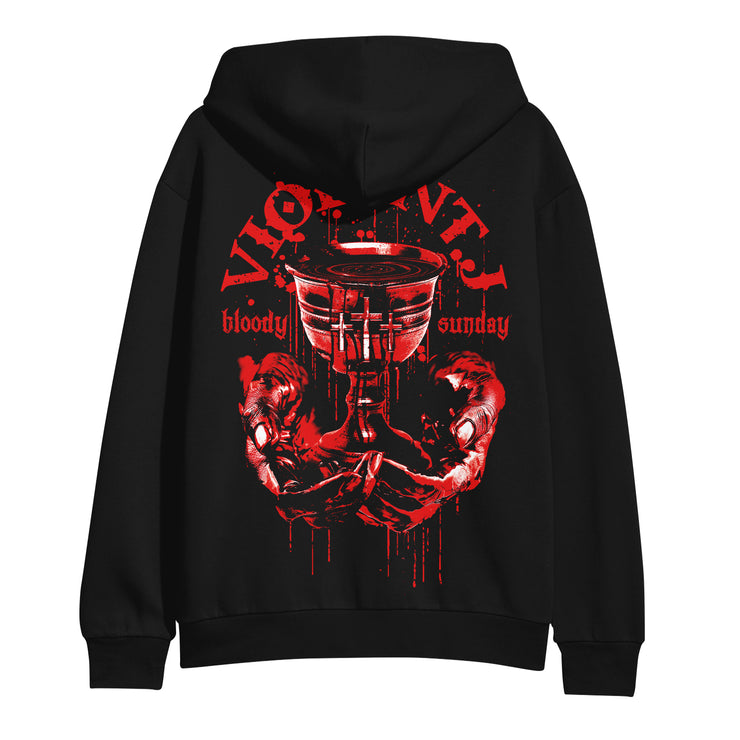 image of the back of a black hoodie on a white background. back of hoodie says violent j with a blood fulled chalice held by hands