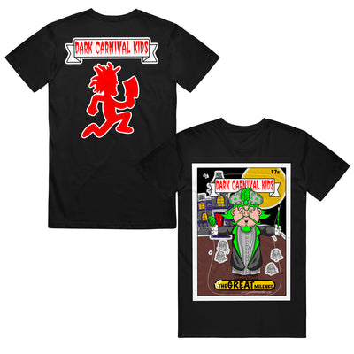 image of the front anc back of a black tee shirt on a white background. front is a play on a garbage pail kids card for the great milenko album. back says dark carnival kids with a red hatchetman logo