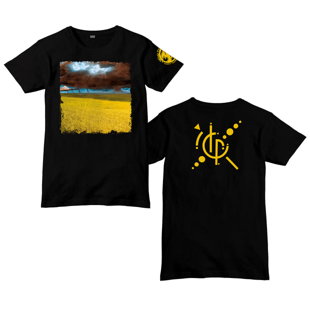 image of the front and back of a black tee shirt on a white background. front has center point of a storm cloud over field. the back has a the calm album cover symbol in yellow