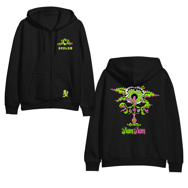 image of the front and back of a black zip up hoodie on a white background. front is on the left ans has a small right chest print that says I C P bedlam. the back has a full print of a venus fly trap in a vace, at the bottom says yum yum