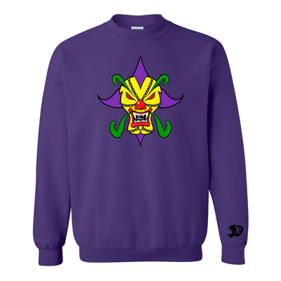 image of the Missing Link Found Purple - Crewneck on a white background. front has an evil clown face