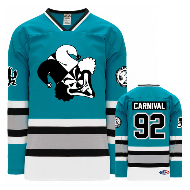 image of the front and back of the Carnival Of Carnage Blue/Silver/White - Hockey Jersey. front is on the left and has a black and white clown joker head patch in the center. back is on the right and has a patch across the shoulders that says carnival. below that is the number 92