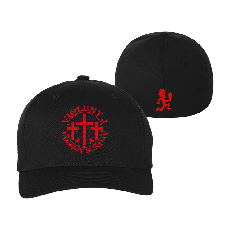 image of the front and back of a black flexfit hat on a white background. front is on the left and has three red crosses and says violent J bloody sunday around them. back is on the right and has a small red hatchetman logo on the bottom center