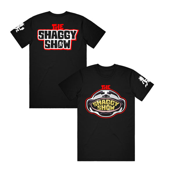 image of the front and back of a black tee shirt on a white background. front is on the right and has a shaggys face and mouth open. it says the shaggy show on the face. the back has a print between the shoulders that says the shaggy show. white hatchetman logo on the sleeve