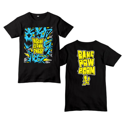 image of the front and back of a black tee shirt on a white background. front is on the left and has a full print in blue of the bang pow boom album face. in yellow print in the center says insane clown posse. the back has yellow print that says bang pow boom with a yellow hatchetman