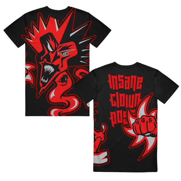 image of the front and back of an all over print shirt. shirt is black and the front on the left has an full image of red fred face and a rat. back is on the right and says insane clown posse and a fist