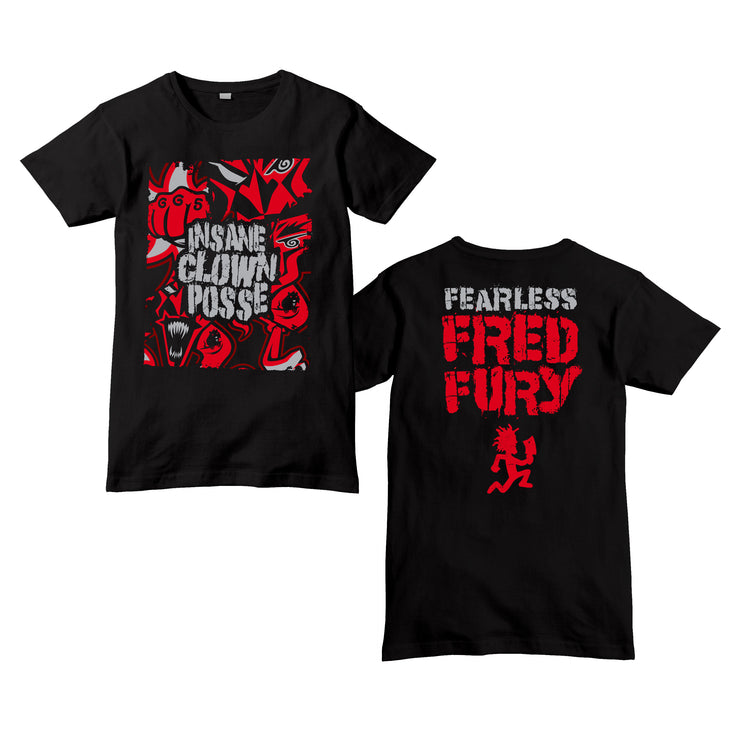 image of the front and back of a black tee shirt on a white background. front is on the left and has a full body print of fearless fred fury's face and fist. center grey print says insane clown posse. the back is on the right and has a full printg that says fearless fred fury with a red hatchetman