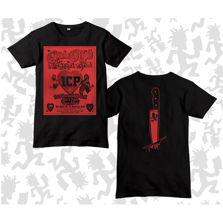 image of the front and back of a black tee shirt. front is on the left and has a full body print of a red rectangle that says prom night ICP with a heart. the back is on the right and has a knife in the center