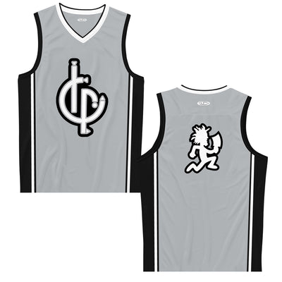 image of the front and back of The Calm Grey/Black - Basketball Jersey. front is on the left and has the calm album logo. the back is on the right and has a white hatchetman