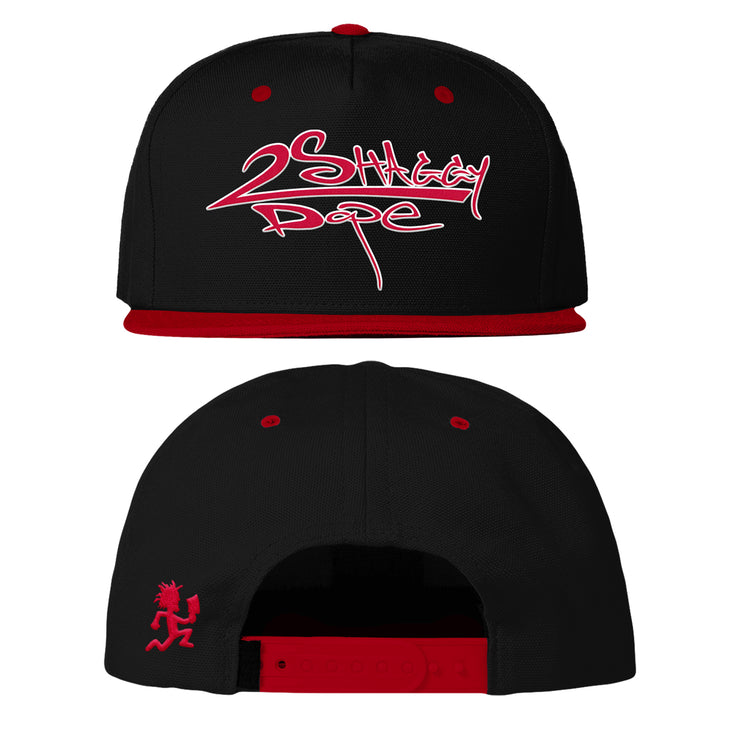 image of the front and back of a black with red snapback hat on a white background. front is on the top and has red with white outline embroidery that says shaggy 2 dope. the back is on the bottom and has a small red embroidered hatchetman logo on the bottom left