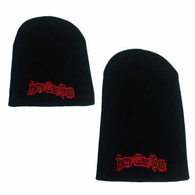 image of a small and a large black winter beanie on a white background. small is on the left and large is on the right. both have red and black embroidery across the bottom that says Insane Clown Posse