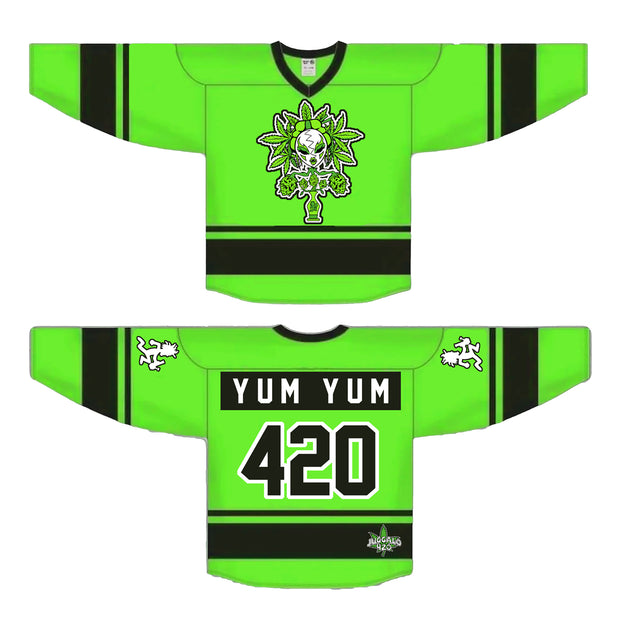 image of the front and back of a lime green and black hockey jersey. front is on the top and has the yum yum logo on the front. the back is on the bottom and has the numbers 420 and the words yum yum across the shoulders
