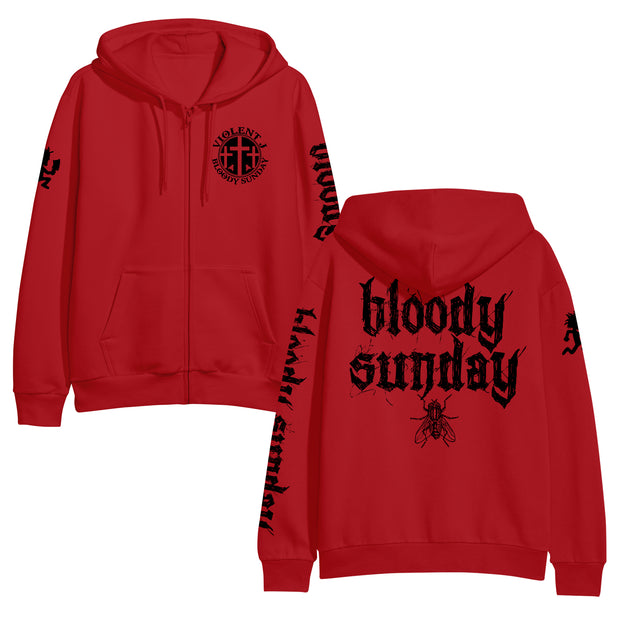 image of the front and back of a red zip up hoodie on a white background. front is on the left and has a small right chest print in black of three crosses. around the crosses says violent j bloody sunday. bloody sunday also down the right sleeve. back has back print in black that says bloody sunday