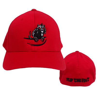 image of the front and back of a red flexfit hat on a white background. front is on the left and has a black and grey embroidered rat. the back is on the right and has black embroidery at the bottom that says flip the rat
