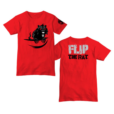 image of the front and back of a red tee shirt on a white background. front on the left has a center print of a black rat. the back has top center print that says flip the rat