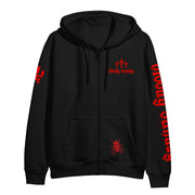 image of the front of a black zip up hoodie on a white background. hoodie has a small right chest print in red of three crosses and says bloody sunday. red hatchetman logo on the left sleeve and bloody sunday down the right sleeve.