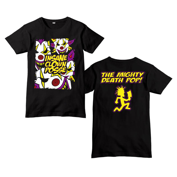 image of the front and back of a black tee shirt on a white background. front on the left has a full body print of a collage of evil clown faces and says in the center insane clown posse. the back has a top center print that says the mighty death pop! with a hatchetman