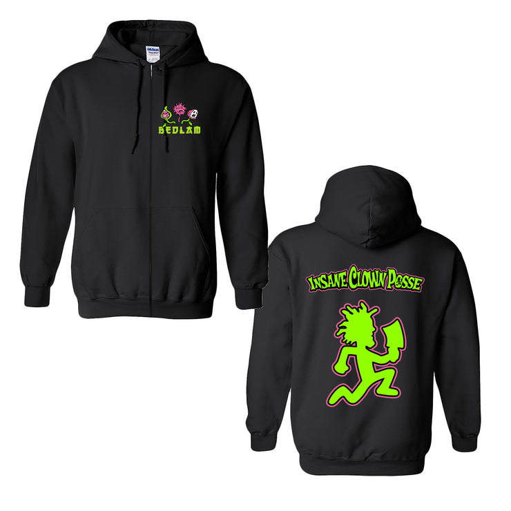 image of the front and back of a black zip up hoodie on a white background. front is on the left and has a small right chest print that says bedlam. the back has a full body print. at the top says insane clown posse and below is a green hatchetman logo