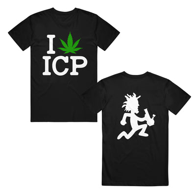 image of the front and back of a black tee shirt on a white background. front is on the left and has a center print. the art is a spoof of i heart i c p, but with a pot leaf as the heart. the back is on the right and has a white print of the hatchetman logo holding a bong