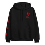 image of the front of a black pullover hoodie on a white background. hoodie has a small right chest print in red of the hatchetman logo and also says violent J. left sleeve has red bugs. 