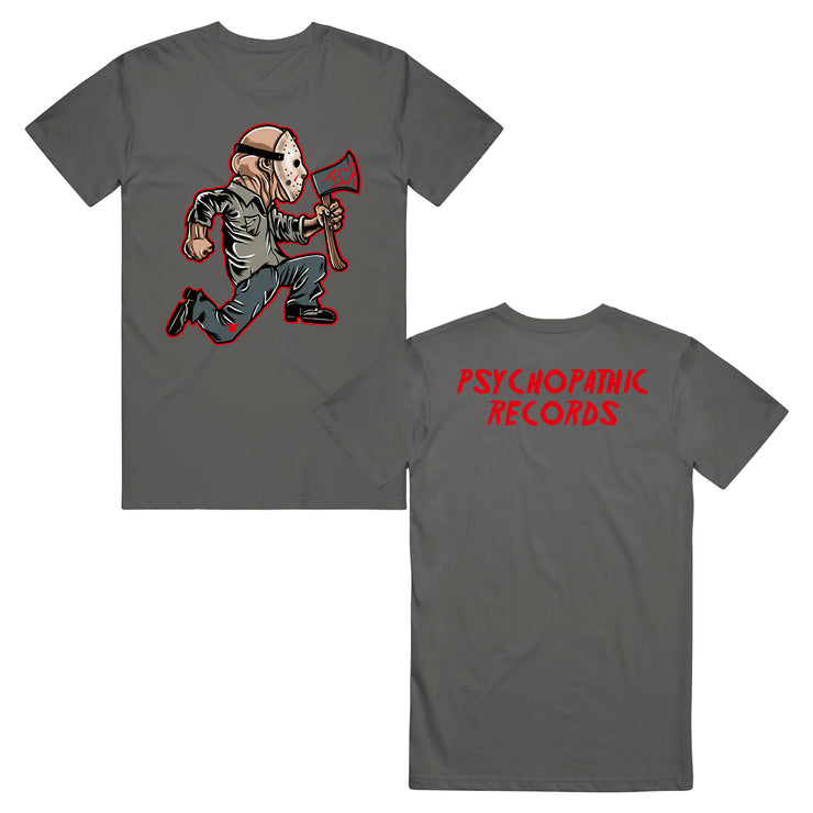 image of the front and back of a charcoal tee shirt on a white background. front is on the left and has an image of the hatchetman as jason with a hockey mask. the back is on the right and has a red print across the shoulders that says psychopathic records