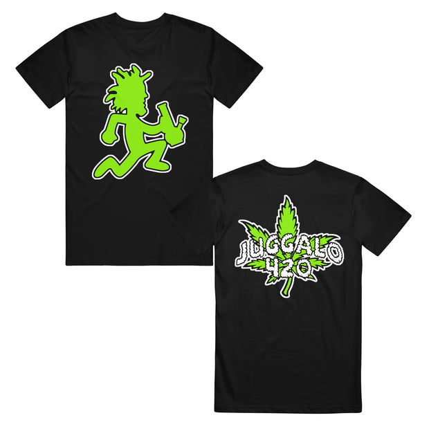 image of the front and back of a black tee shirt on a white background. front is on the left and has a center chest print in green of the hatchetman logo holding a bong. back is on the right and has a back print of a green pot leaf and the words juggalo 420 in white