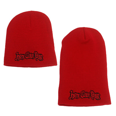 image of a small and a large red winter beanie on a white background. small is on the left and large is on the right. both have red and black embroidery across the bottom that says Insane Clown Posse