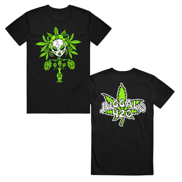 image of the front and back of a black tee shirt on a white background. front is on the left and has the yum yum logo of a head in a vase with pot leaves. the back is on the right and has a pot leaf in green and says juggalo 420 over it in white