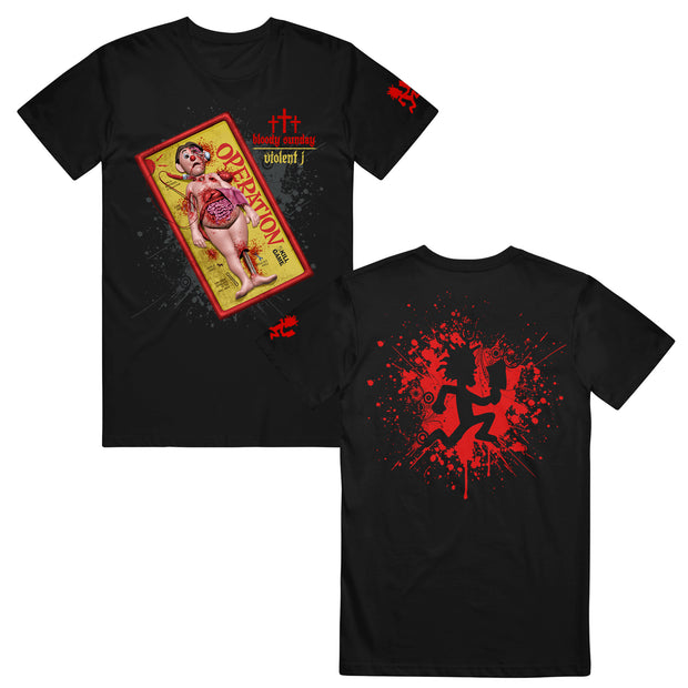 image of the front and back of a black tee shirt on a white background. front of tee is on the left and has an image of the board game operation. right chest has three red crosses. below the crosses says bloody sunday violent J. back is on the right and has a red splatter print of the hatchetman logo