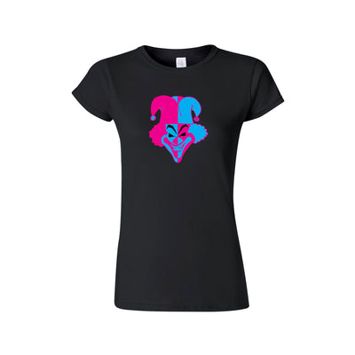 image of a ladies black tee shirt on a white background. tee has center print of a pink and blue joker clown head