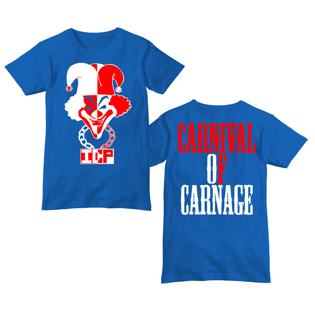 image of the front and back of a blue tee shirt on a white background. front on the left has a red and white image of a clown joker face with a chain necklace that says I C P. the back has full body print in red and white that says Carnival Of Carnage