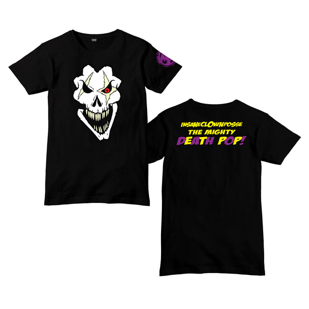 image of the front and back of a black tee shirt on a white background. front is on the left and has a center chest print in white of a skeleton face. back on the right has center shoulder print that says insane clown posse the mighty death pop!